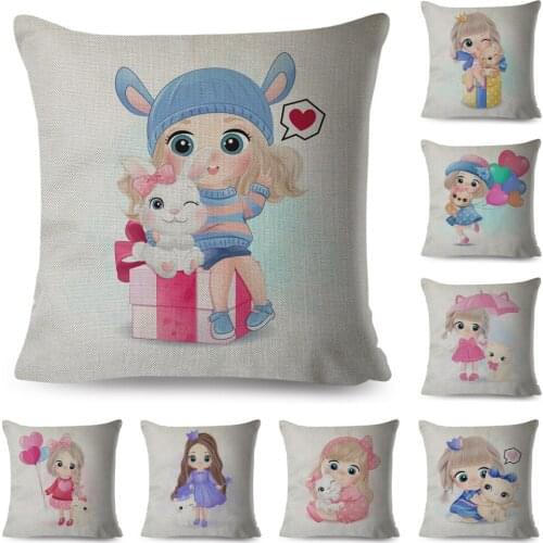Cute Cartoon Girl and Cat Cushion Cover for Children Room Sofa Home Car Decorative Lovely Child Pillow Case Pillowcase 45x45cm