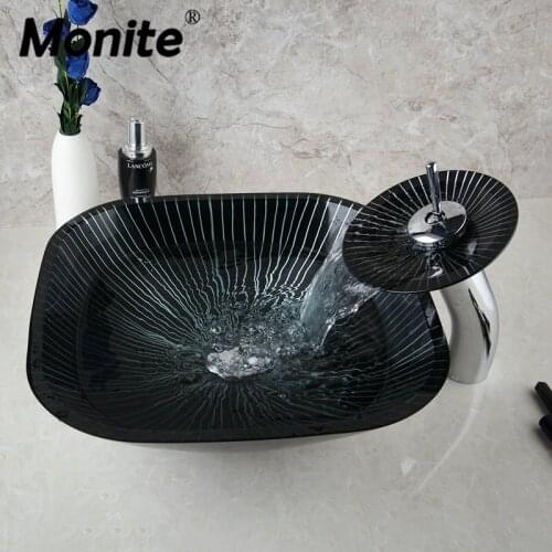 Monite Square Black Bathroom Sink Washbasin Bath Set Faucet Mixer Tap Art Design Tempered Glass Hand Painted Waterfall Basin Tap
