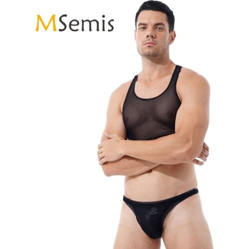 Mens See-through Mesh Erotic Sexy Lingerie Suit Sleeveless Cropped Tank Top with Low Waist Thongs Briefs Swimwear Two-piece