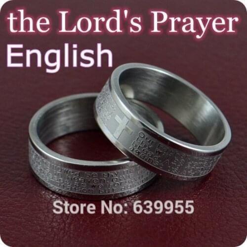 NEW 6x English Bible Lords Prayer Cross Ring Etched Carving Engraved Stainless Steel Rings Fashion Religious Jewelry