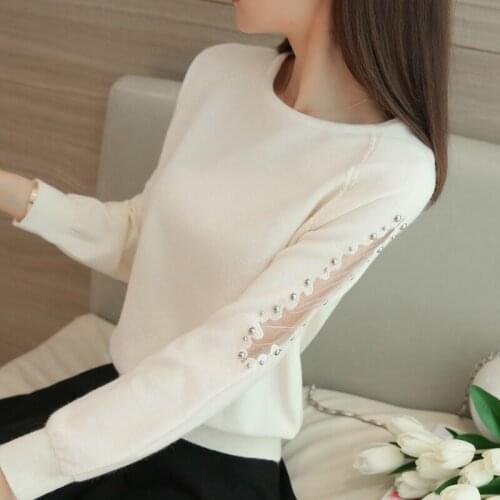 2017 spring A loose sweaters female short lace beading sweater hedging all-match shirt solid