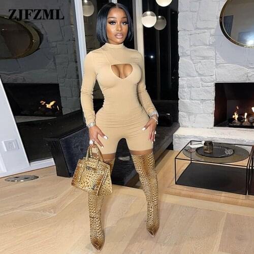 Solid Streetwear Stretchy Bodycon Jumpsuit Women Fashion Front Hollow Full Sleeve Playsuit Autumn Skinny Hipster Clothing New