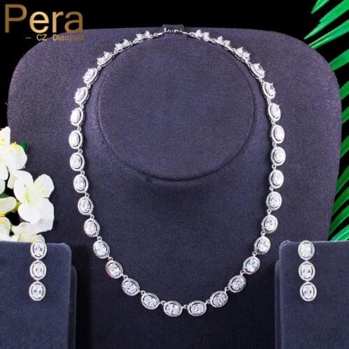 Pera Designer Shiny Cubic Zirconia Silver Color Round CZ Choker Necklace Earrings for Women Engagement Party Jewelry Sets J386