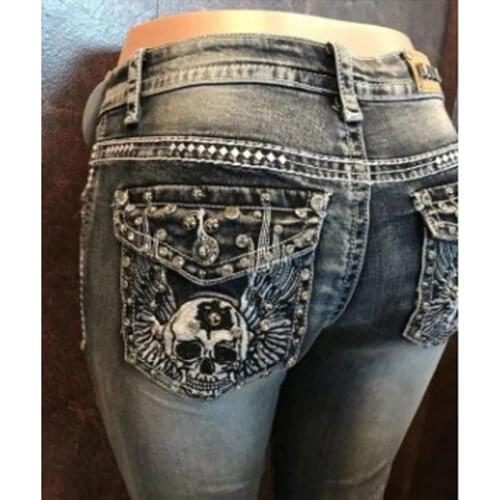 Retro sexy straight-leg pants plus size comfortable 2021 new retro embroidery skull beaded stretch high-waisted denim trousers