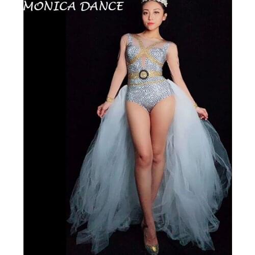 Sexy Stage Silver Gold Rhinestones Long Sleeves Bodysuit white Mesh Tail Birthday Celebrate Outfit Women Singer Dance Bodysuit