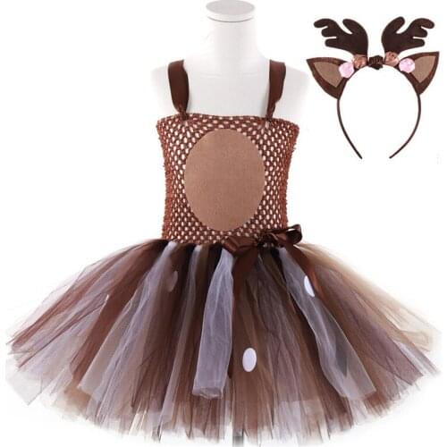 Brown Deer Tutu Dress Girl Christmas Dresses With Headband Kids Halloween Costume Baby Girl Princess Elk Reindeer Outfit 1-12Y