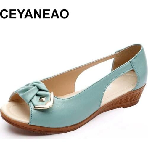 CEYANEAOPeep Toe Sandals Women Genuine Leather Sandals For Mother Summer Woman Shoes Bowknot Ladies Casual Shoes Sandalias Mujer