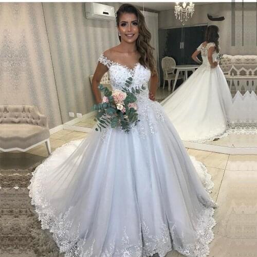 O Neck Wedding Dresses Beading Floor Length Applique Open Back Short Sleeve A Line Back Button Bridal Dress Vestido De Noiva