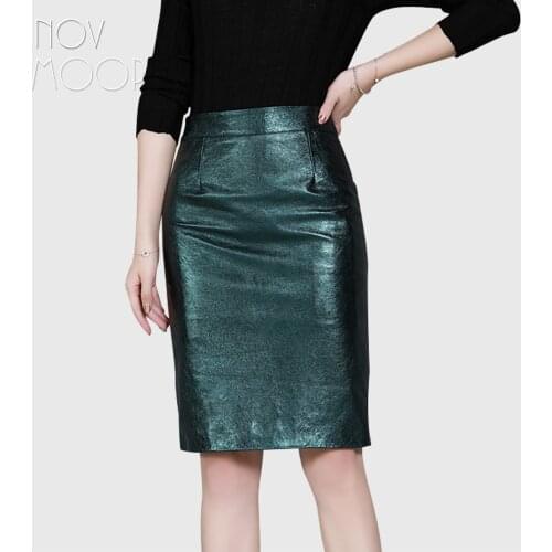 Novmoop metallic shade blue genuine sheepskin leather women skirt formal H shape style Falda de cuero de negocios LT3203