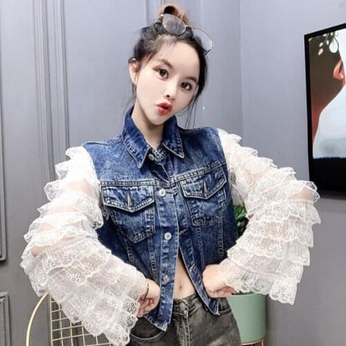 2021 New Spring Women Streetwear Autumn Denim Jackets Outwear Lace Ruffles Long Sleeve Patchwork Coat Jeans Coat Denim Tops