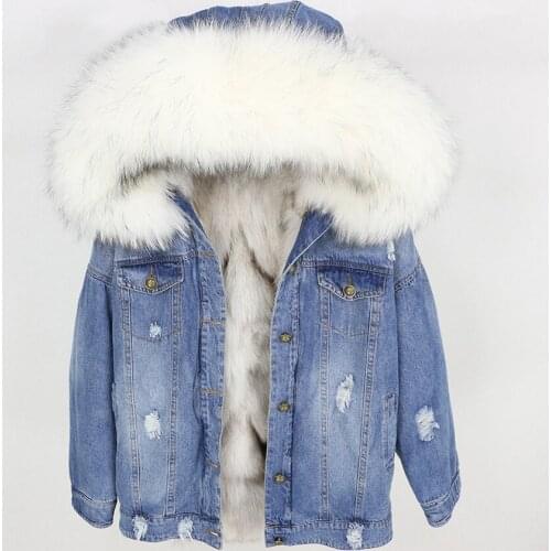 Real Fur Coat Women Plus Size Korean Clothes Parka Fox Fur Outerwear Womens Natural Raccoon Fur Denim Parkas Warm Thick Brand