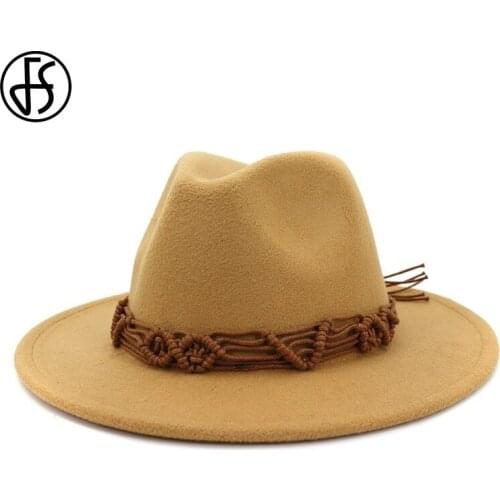 FS Women Wide Brim Wool Felt Jazz Fedora Hats Panama Style Ladies Trilby Gambler Hat Fashion Party Cloche Cowboy Sunshade Cap