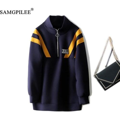 Blue Vintage Striped Brand Quality Zip Up Turtleneck Collar Women Sweatshirt Winter Coat Loose Casual Streetwear Teens Girls 4XL