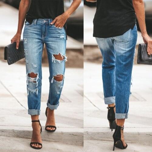 2021New Fashion Womens Straight Hole Ripped Jeans Washed Mid-Waisted Demin Blue Jeans Streetweaar