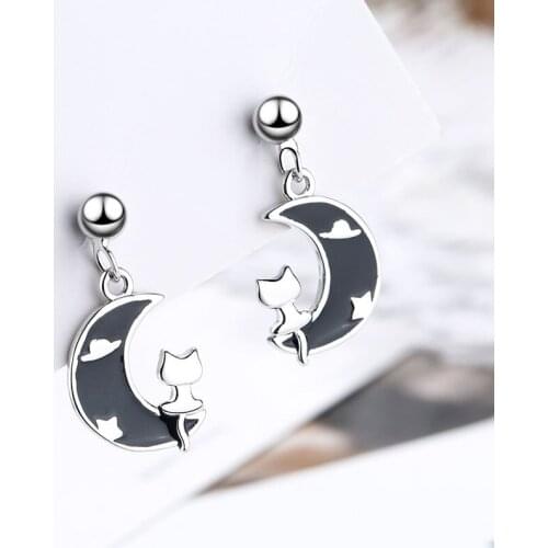 Cute Female Earrings Silver Color Drop Glue Moon with Unique Cat Earrings for Women Wedding Jewelry Girlfriend Gift Bijoux