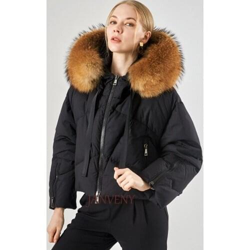2021 New Fashion Plus Real Raccoon Fur Collar Women Thick Hooded Solid Zipper Short Down Jacket Tops Casual Loose Warm Overcoat