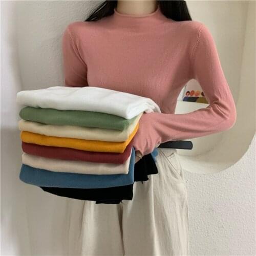 Womens Top Autumn Half Turtleneck Elastic T-Shirts Long Sleeves Basic T Shirts Womens Clothing 2021 Y2K Ropa Mujer Kawaii Tops