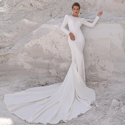 Long Sleeve Mermaid Wedding Dresses 2021 Boat Neck White Simple Bridal Gown For Women Satin Backless Sweep Train Custom Made