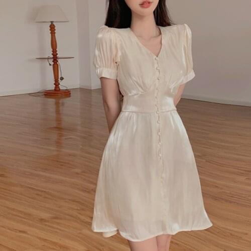 Summer fold apricot Dress V-neck slim Korean version dresses for women Puff sleeves up to the knee women dress 2021