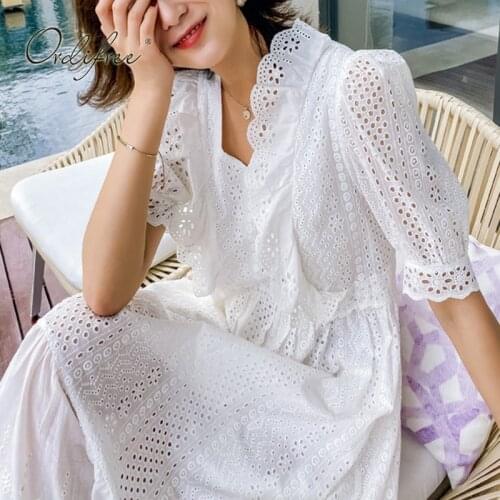 Ordifree 2021 Summer Women Embroidery Ruffle Dress Short Sleeve Hollow Out Cotton Vocation Tunic Beach Dress