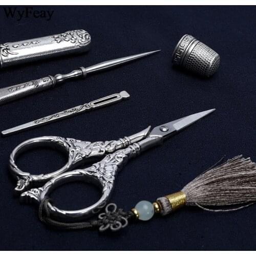 1 Set Retro Tailors Scissors Vintage Scissors Needle Storage Tube Awl Needle Thimble Embroidery Sewing Supplies Fabric Scissors