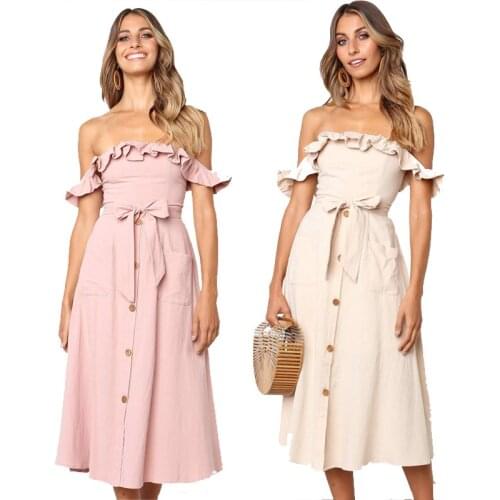 2021 Elegant Ruffles Dresses Female Sexy Off Shoulder Party Midi Dress Casual Button Summer Dress Black dress Size S-XL