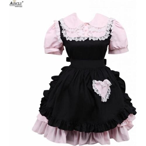 Ainclu Cemavin Womens Girls Cotton Pink And Black Lace Ruffles Sweet Cute Defined Waist A-line Lolita Dress For Party/Casual