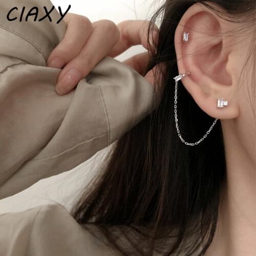 CIAXY 925 Sterling Silver Asymmetric Inlaid Zircon Earrings for Women Personality Ear Clips Chain Earring Geometric Jewelry