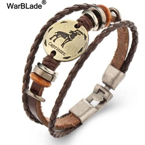 WarBLade 12 Constellations Bracelets Bangles Fashion Punk Leather Bracelet Men Personality Zodiac Signs Wristband Charm Jewelry
