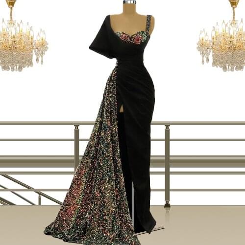 Celebrity Dresses Black Formal Party Clothing for Women Gowns One-shoulder Sequins Satin Fabric
