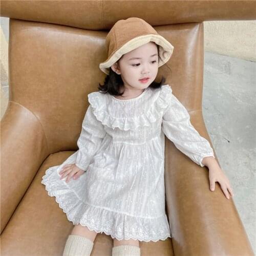 Toddler Girls Long Sleeve Dress 2021 Spring Solid Cotton Lace Jacquard Princess Dress Kids Costume Ruffles Party Dress 1-7Years