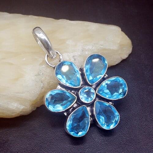 Gemstonefactory Jewelry Big Promotion 925 Silver Exotic Unique Shiny Blue Topaz Women Ladies Gifts Necklace Pendant 1124