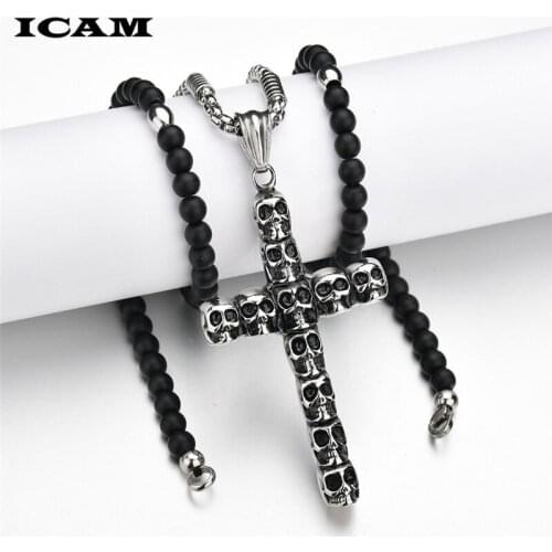 ICAM 4MM Black stone Stainless steel Beads with black stone cross Pendant Mens Rosary Necklace Mens Mala jewelry