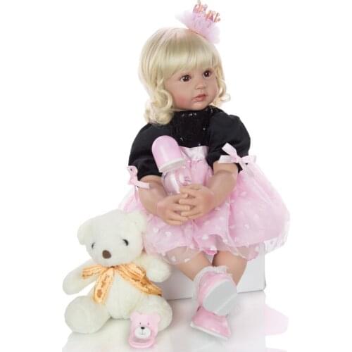 Curly hair 60CM big bebe reborn toddler girl doll in black dress stuffed body soft silicone baby reborn realistic doll toys gift