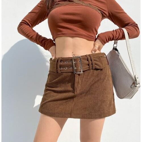 90s Low Waist Mini Skirt With Belt Corduroy Short Pencil Skirts Women e-girl Y2K Aesthetic Clothes
