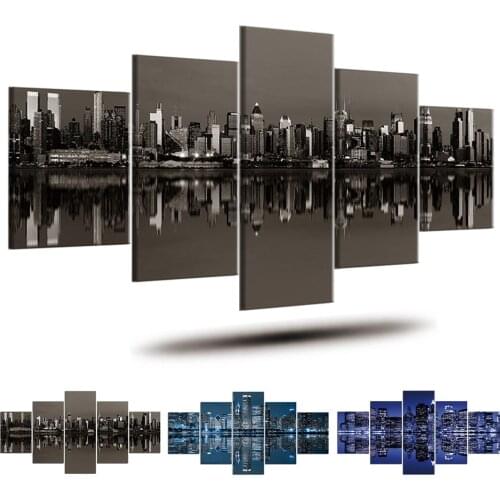 Wall Art 5 Panels Cityscape Canvas Painting City Night View Skyscrapers Wall Painting Poster Pictures For Living Room Decor