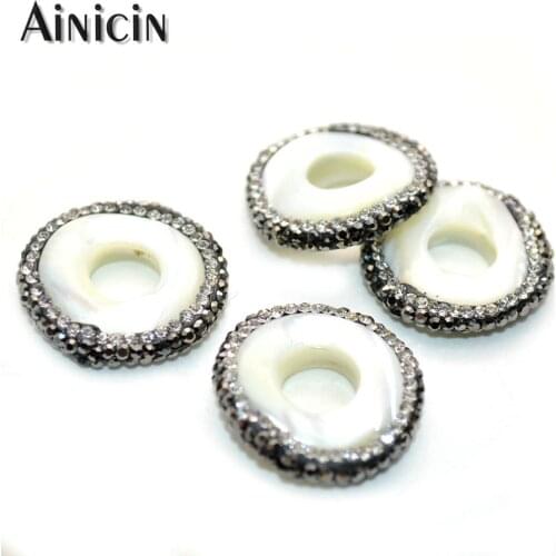 New Arrival White Shell Donut Shape Charms Beads 24mm Diameter Rhinestone Crystal Paved DIY Jewelry Making Findings 10pcs