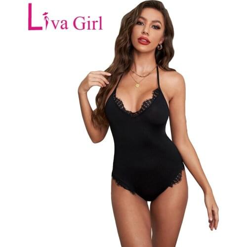 LIVA GIRL Woman Sexy Halter Neck Lace Patchwork Backless Bodysuit Female 2021 Summer Solid Slim Backless Tops Bodycon Jumpsuit