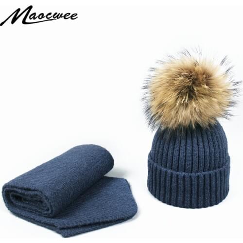 Pompon Cap Scarf Hat Set Winter Knitted Skull Children cap Adult Hat Women Acrylic Unisex Solid Color Keep Warm Elastic Hat