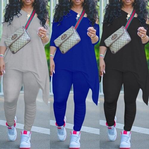 37VK2015 Autumn Winter Women Casual Fashion Solid Two Piece Set Irregular Top and Pants Tracksuit Sweatsuit Outfits