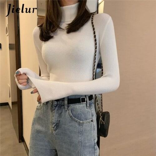 Jielur Sweaters Autumn Winter Turtleneck Pullovers Solid Color Pull Femme Korean Slim-fit Sweater Knitted Pullover Long Sleeve
