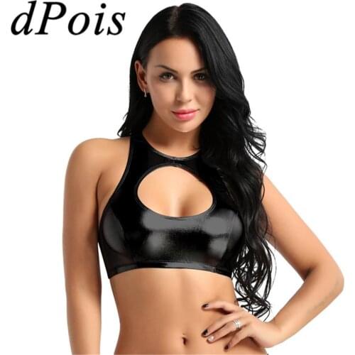 Womens Shiny Hollow Out Crop Tops Wetlook Faux Leather Round Neck Sleeveless Cut Out Crop Tops Sexy Ladies Pole Dance Tanks Top