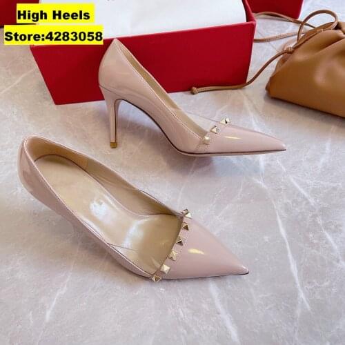Casual Designer Fashion Women Pumps Nude Patent leather Pointy toe Spikes High heels stiletto stripper bride wedding shoes
