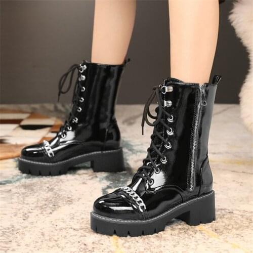 PXELENA Street Chain Zipper Cool Punk Rock Gothic Boots Women Shoes Patent Leather Chunky Heels Military Combat Motorcycle Boots