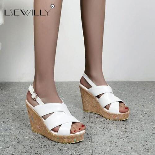 Lsewilly Top quality wedge shoes high heels 12cm summer sandals women shoes party fashion back buckle platform shoes solid