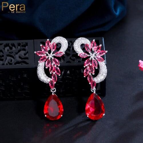 Pera Sparkling Hollow Out Flower Silver Color Jewelry Big Red Stone Long Water Drop Cubic Zirconia Pave Earrings For Women E031