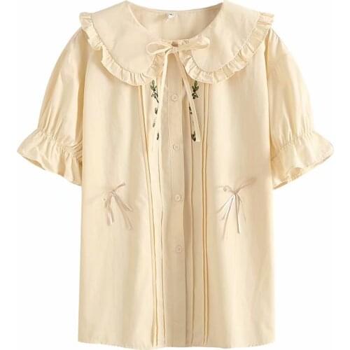 Floral Embroidery Women Summer Shirts 2021 New Petal Sleeve Peter Pan Collar Perppy Style Female Kawaii Cute Tops