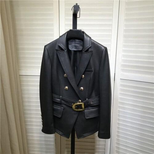 Europe Style New Designer womens Belt leather blazers jackets High quality genuine leather coat C391