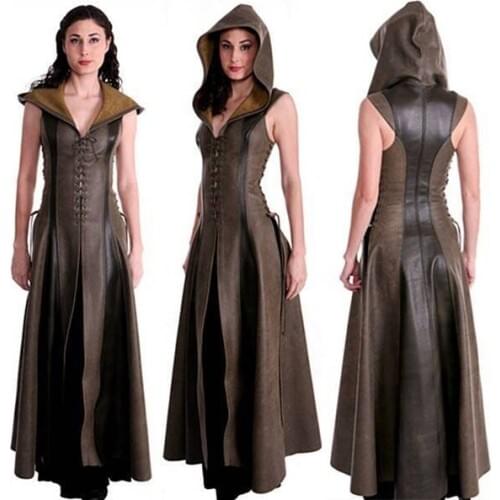 Women Cosplay Hooded Archer Costume Leather Long Dress sleeveless Medieval women costume warrior suit