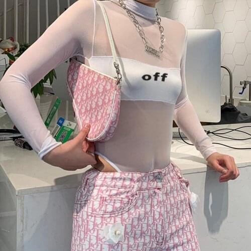 2021 Summer Sexy Letter Print Transparent Mesh Bodysuits Long Sleeve See Through OFF Bodycon Crew Neck Rompers Women Jumpsuits